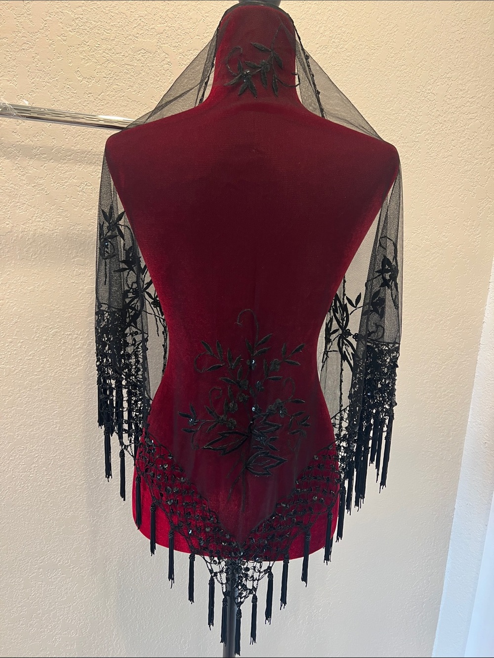 Black Embroidered Fringe Lace Shawl